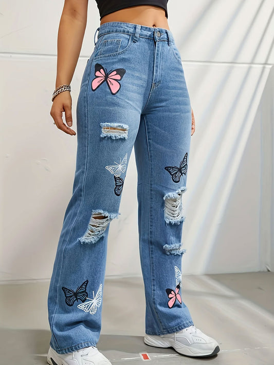 Butterfly Print Denim Jeans